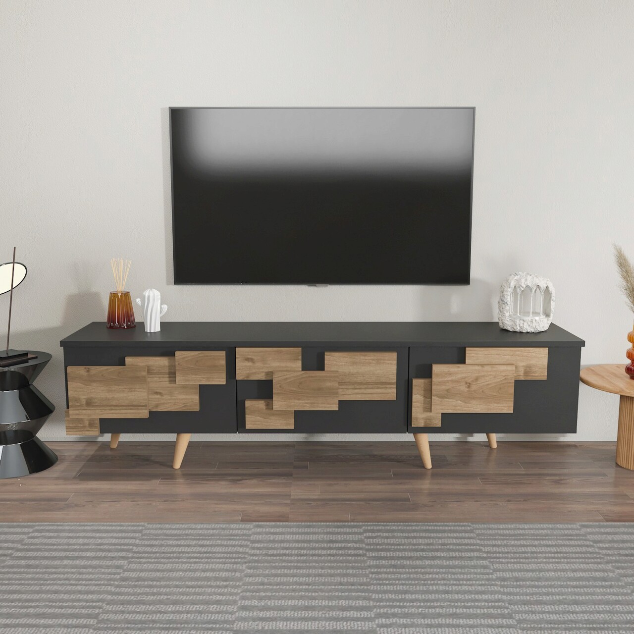 Comoda TV, Hanah Home, 3 D, 160x45x35 cm, Antracit / Nuc - imagine 7